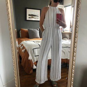 White & Blue Pinstripe Linen Jumpsuit